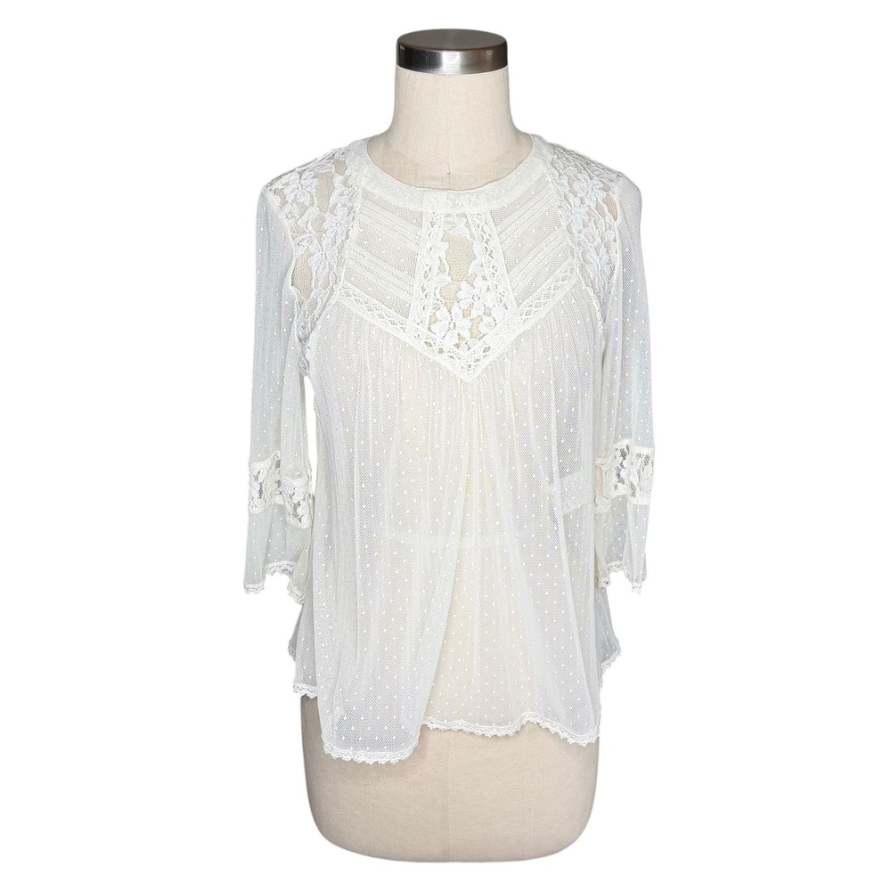 LES PETITES Paris Blouse White Lace Swiss Dot Sheer Women's Size Size Small